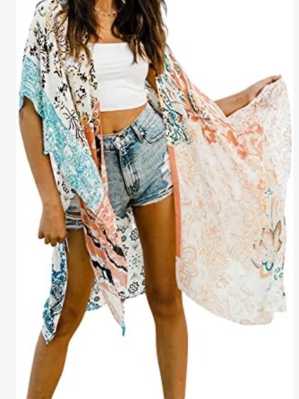 Beautiful Nomad Coral & Teal Floral Patchwork Kimono